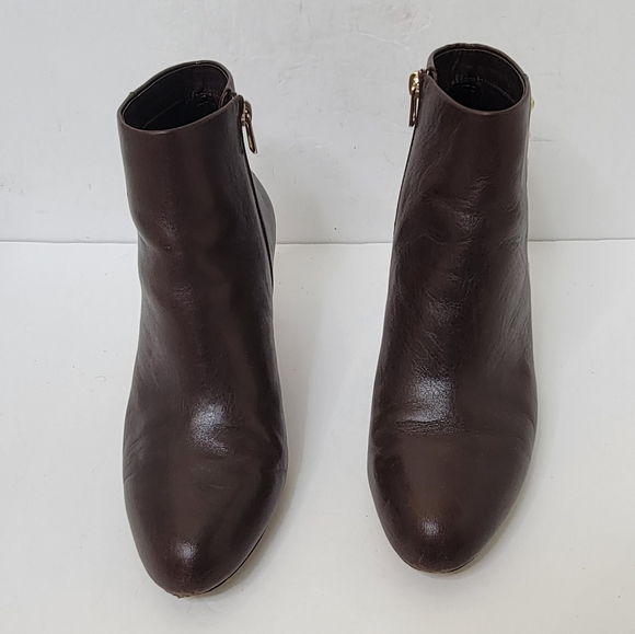 Coach Hickory Ankle Booties in Saddle size 9.5 Brown Heeled Boots Leather Stud - Picture 3 of 14
